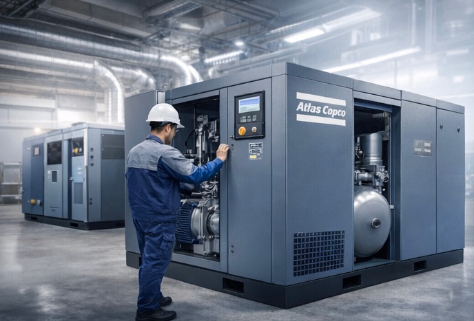 Компрессорная установка Atlas Copco в работе на производстве